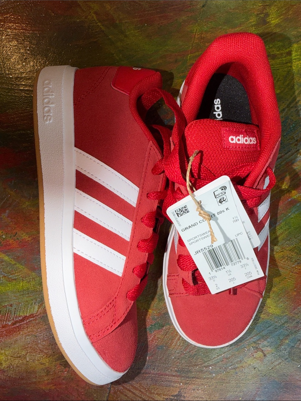 KIDS' ADIDAS GRAND COURT 00S K SNEAKERS Red w. white stripes Sz.2 NWT Little Kid